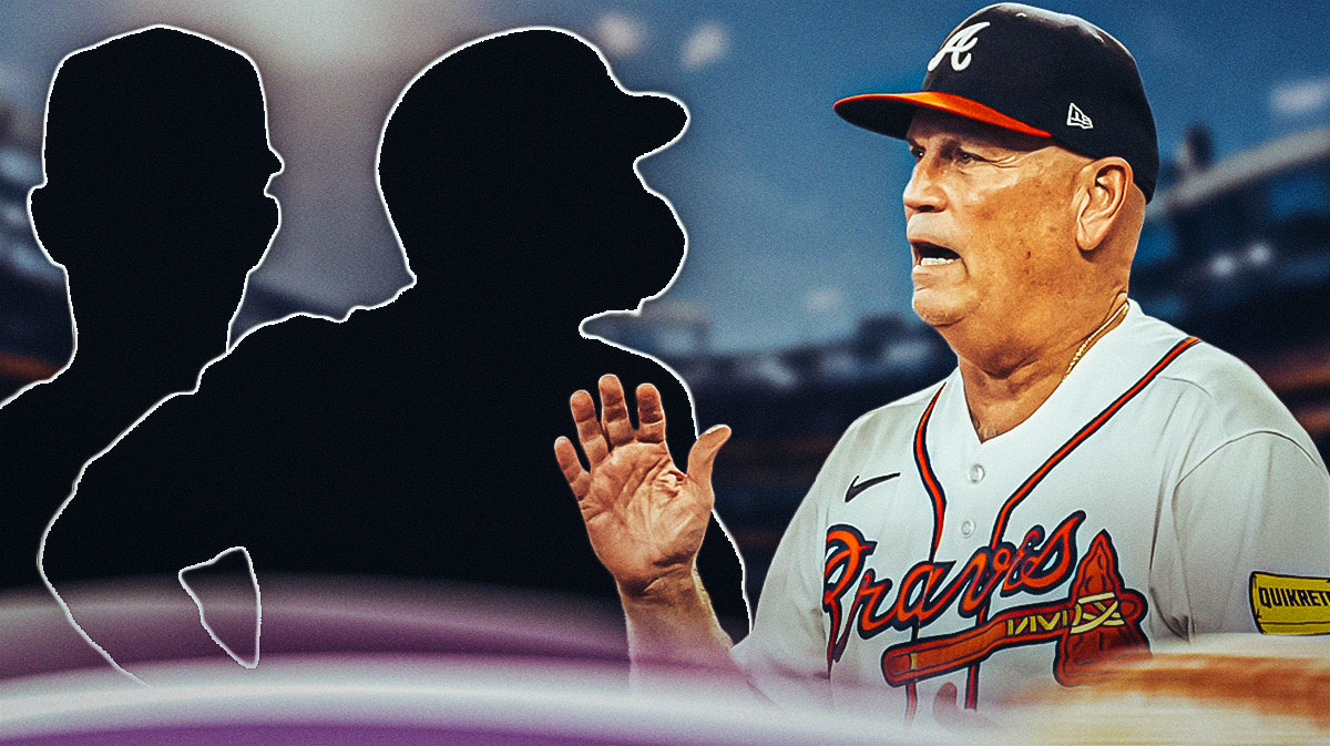 Atlanta Braves manager Brian Snitker with a silhouette of Spencer Strider and a silhouette of Ronald Acuna Jr. as the two return from injury.
