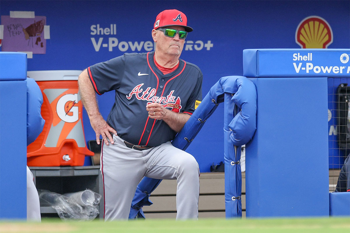 Atlanta Braves manager Brian Snitker (43) looks on against the Toronto Blue Jays in the sixth inning during spring training at TD Ballpark.