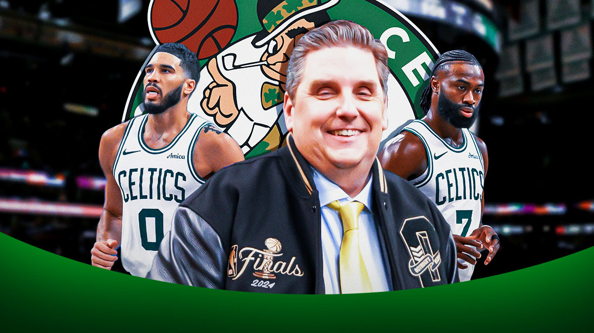 Brian Windhorst, Bill Chisholm, Jayson Tatum and Jaylen Brown, Boston Celtics logo