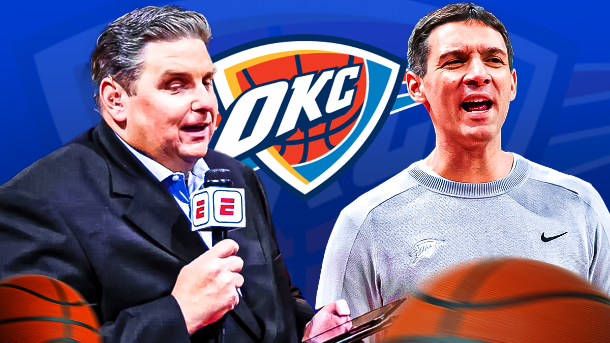 ESPN's Brian Windhorst next to Thunder head coach Mark Daigneault with the Thunder logo in the background