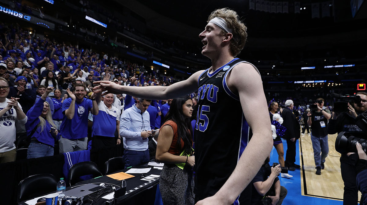 Brigham Young Cougars forward Richie Saunders (15) reacts after defeating the Wisconsin Badgers in the second round of the NCAA Tournament at Ball Arena.