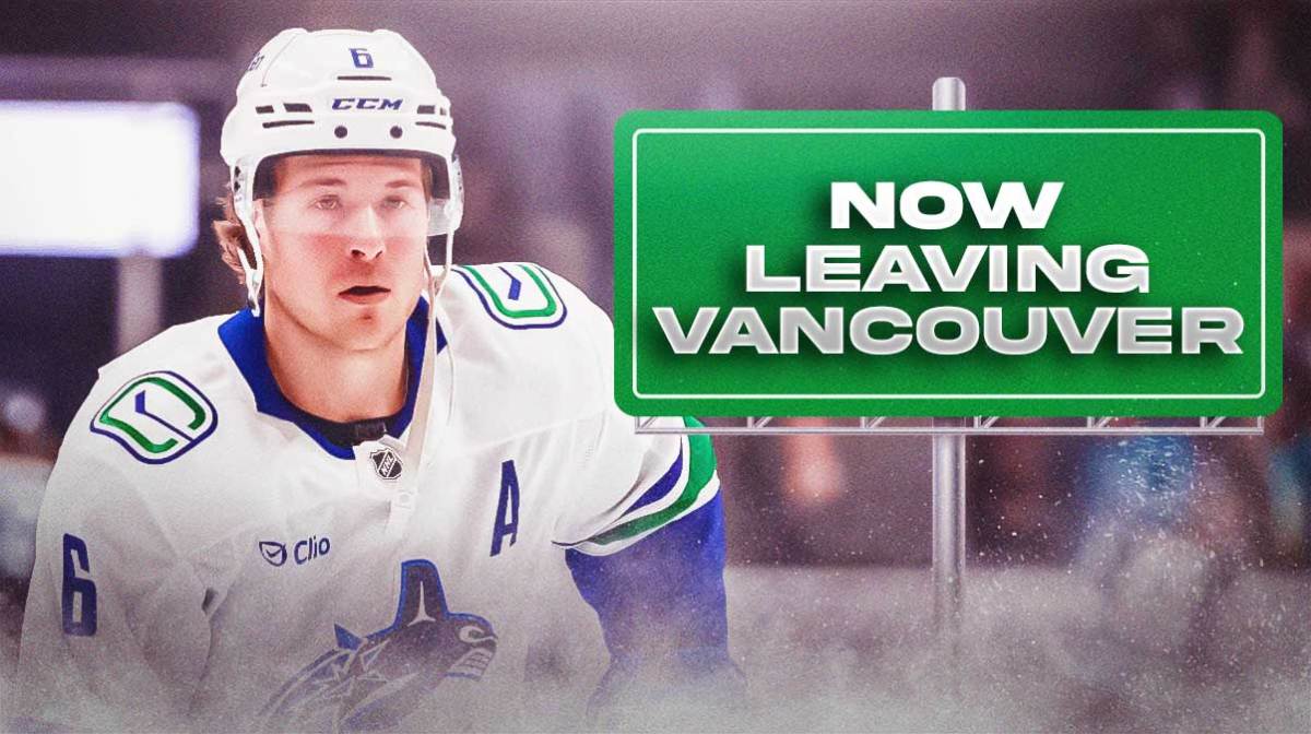 Canucks forward Brock Boeser on the left, a road sign that says "Now Leaving Vancouver" on the right