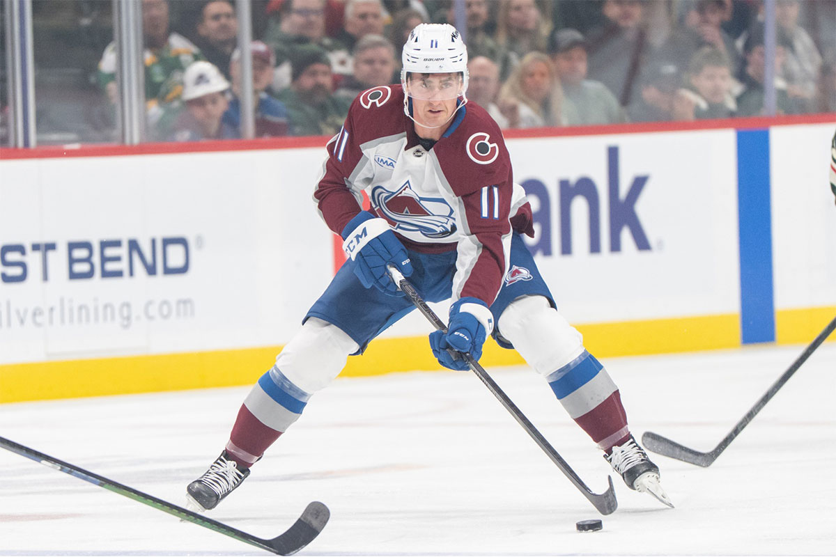 Colorado Avalanche center Brock Nelson (11) skates into the Minnesota Wild zone in the first period at Xcel Energy Center.
