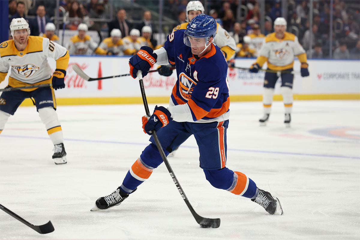 New York Islanders center Brock Nelson (29) take a shot against the Nashville Predators during the second period at UBS Arena