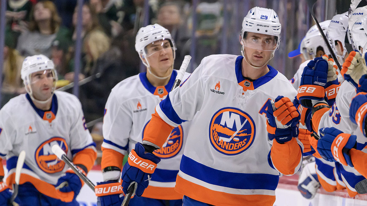 New York Islanders forward Brock Nelson (29) celebrates his goal against the Minnesota Wild during the second period at Xcel Energy Center.