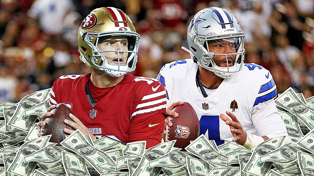 Brock Purdy next to Dak Prescott with piles of money behind them on the 49ers field.