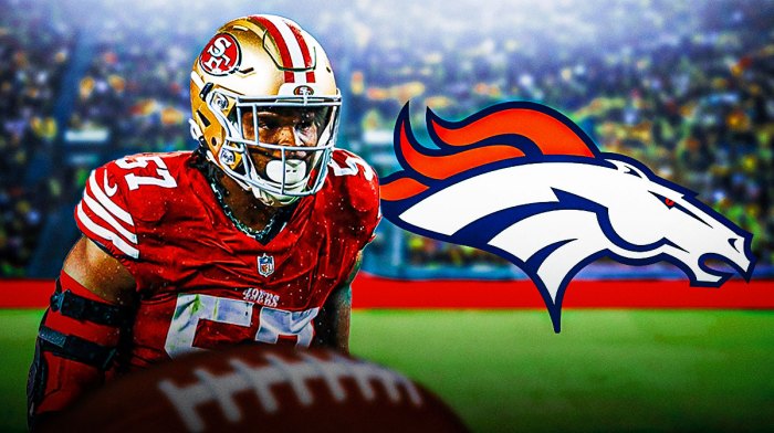 Dre Greenlaw next to a Denver Broncos logo