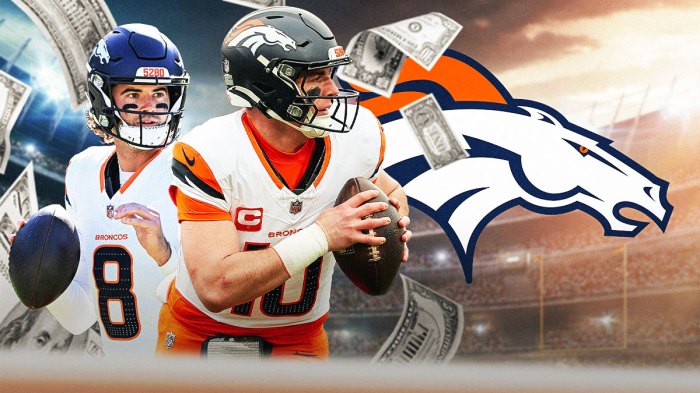 Broncos starting QB Bo Nix and backup QB Jarrett Stidham next to each other with Broncos logo behind them. Money falling from the sky, indicating free agency spending. Background is Mile High Stadium.