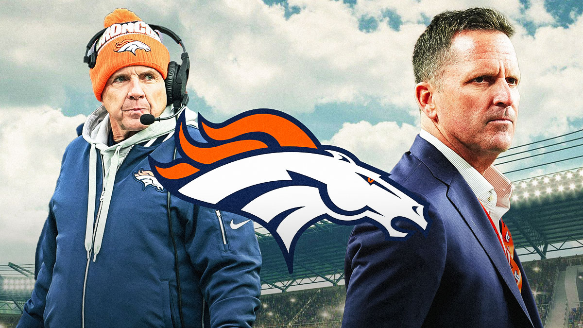 Sean Payton and George Paton with the Broncos logo between them