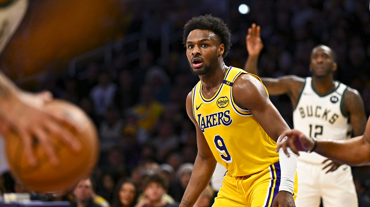 Los Angeles Lakers guard Bronny James (9) defends against the Milwaukee Bucks during the first half at Crypto.com Arena.