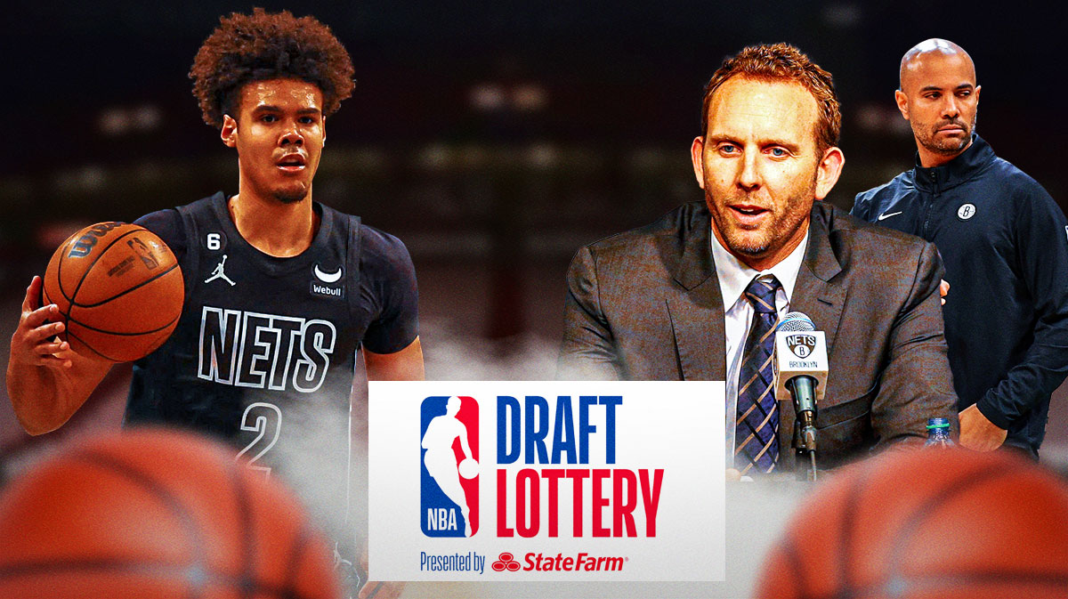 Cam Johnson on one side with Jordi Fernandez and Sean Marks on the other and the NBA Draft Lottery logo in between them