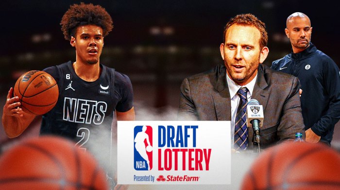 Cam Johnson on one side with Jordi Fernandez and Sean Marks on the other and the NBA Draft Lottery logo in between them