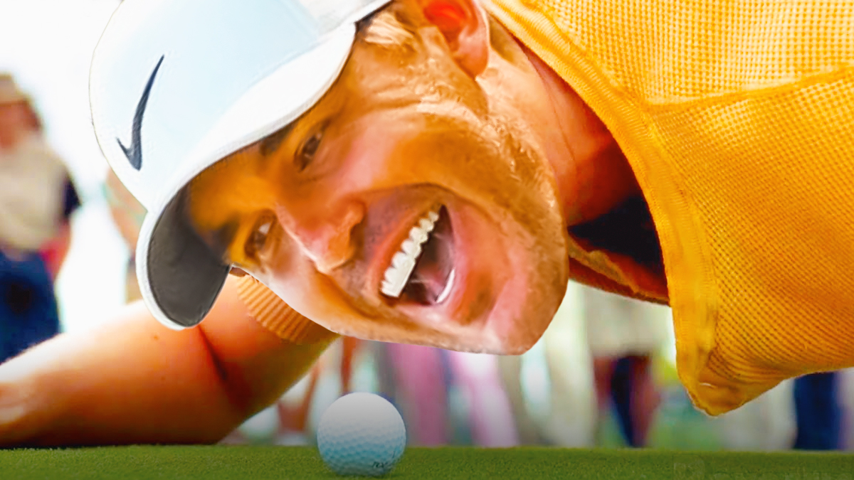 Brooks Koepka as Happy Gilmore shouting at the ball