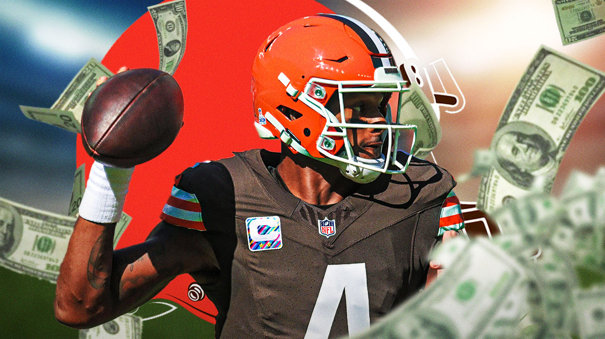 Deshaun Watson, Browns logo. Dollar bills flying around.