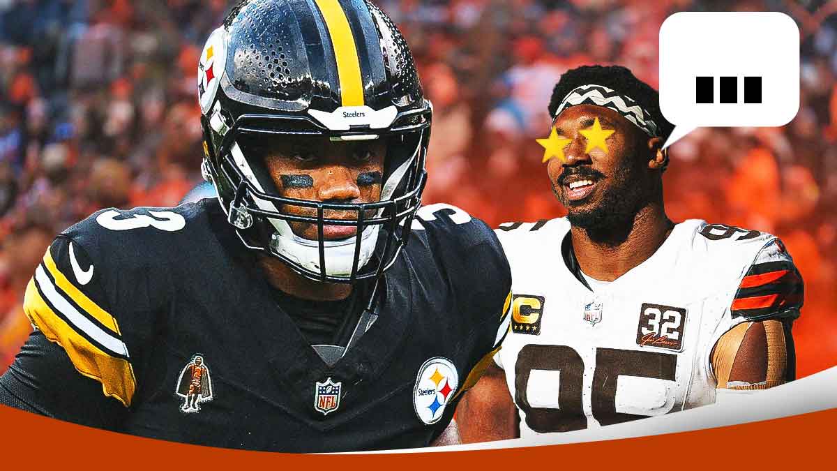 Browns EDGE Myles Garrett with star eyes (like this 🤩) looking at QB Russell Wilson and a speech bubble above his head saying "...". Background is Huntington Bank Field.