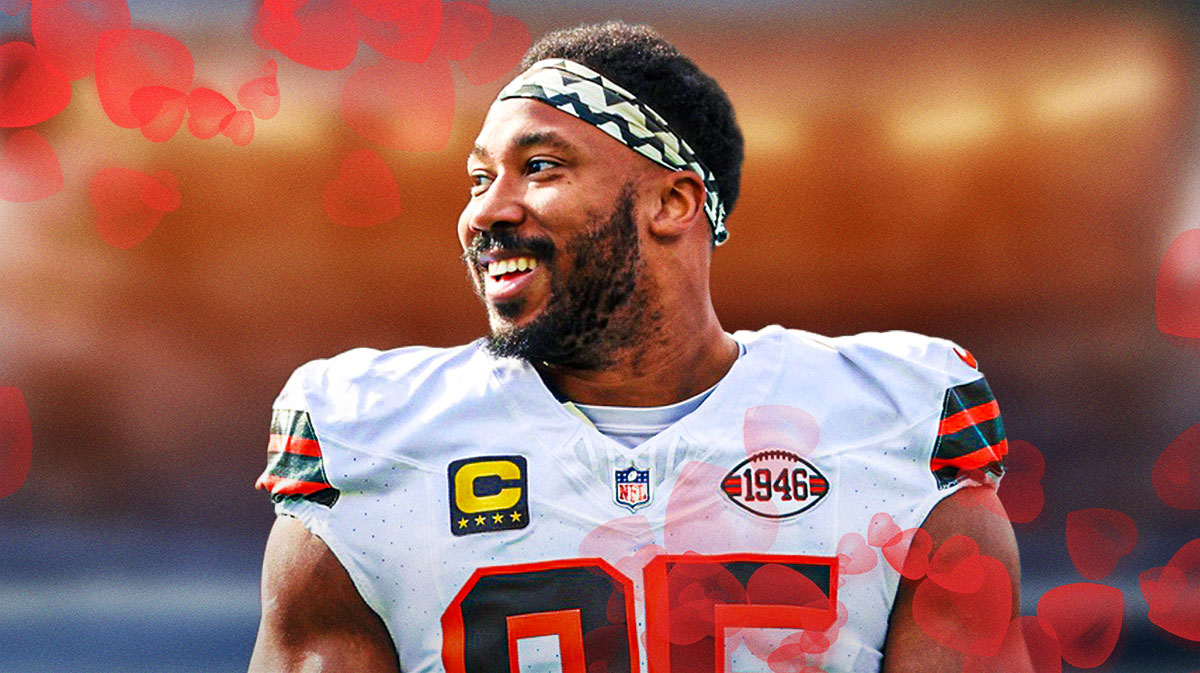 Browns' Myles Garrett smiling with heart emojis around him