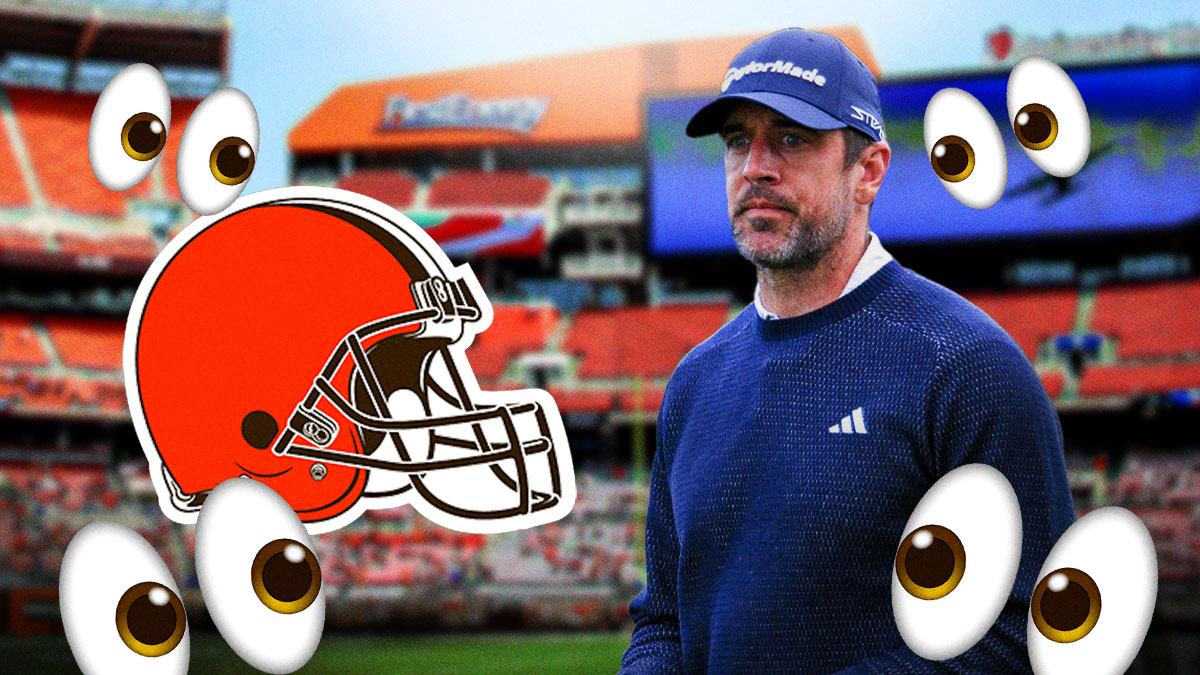 Aaron Rodgers in street clothes looking serious. Cleveland Browns logo next to him. Both surrounded by eye emojis