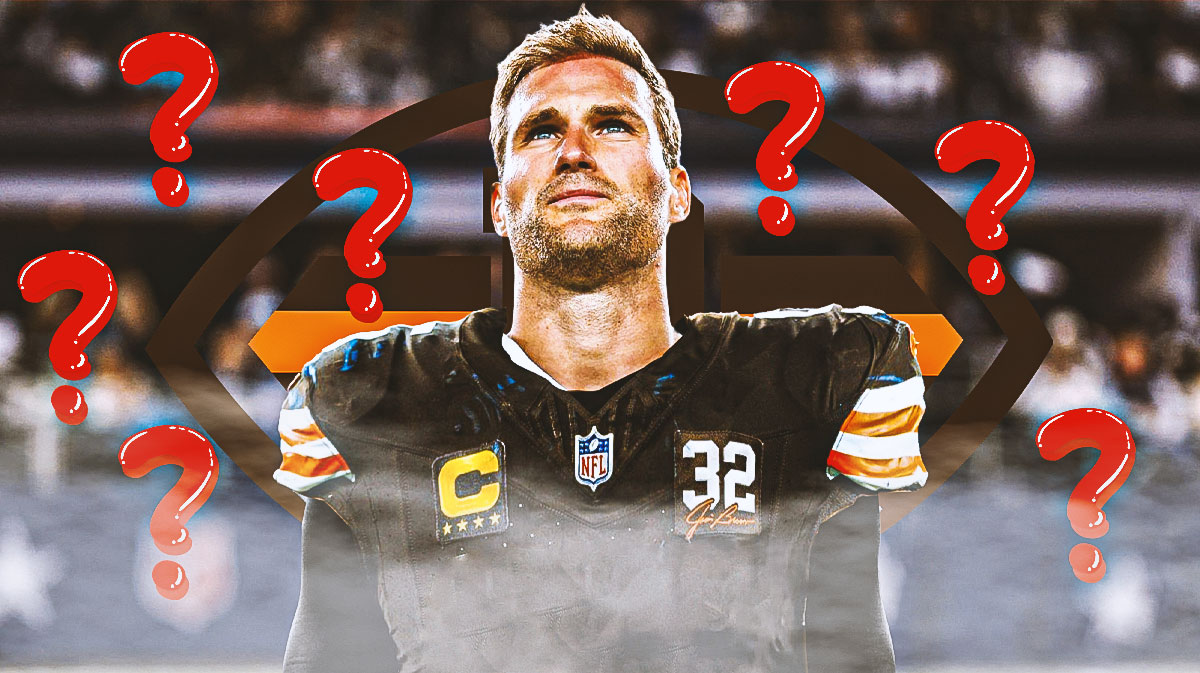 Kirk Cousins in a Browns uniform. He is surrounded by question mark emojis. There is also a logo for the Cleveland Browns.