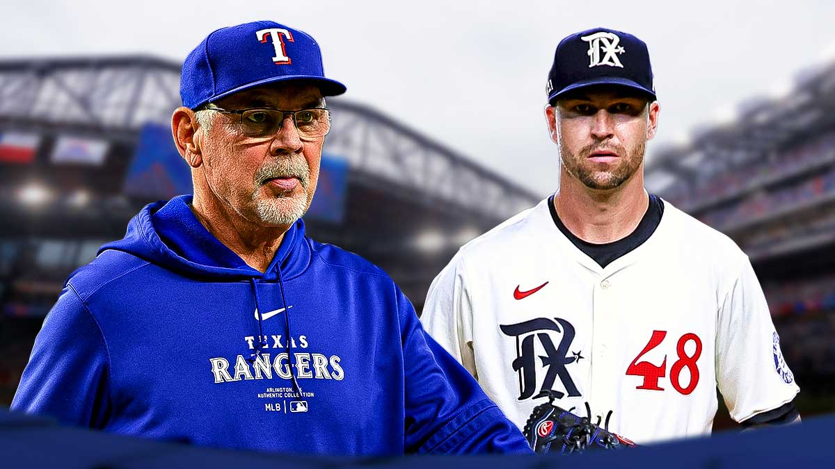 Rangers manager Bruce Bochy with question marks around him and Jacob deGrom next to him.