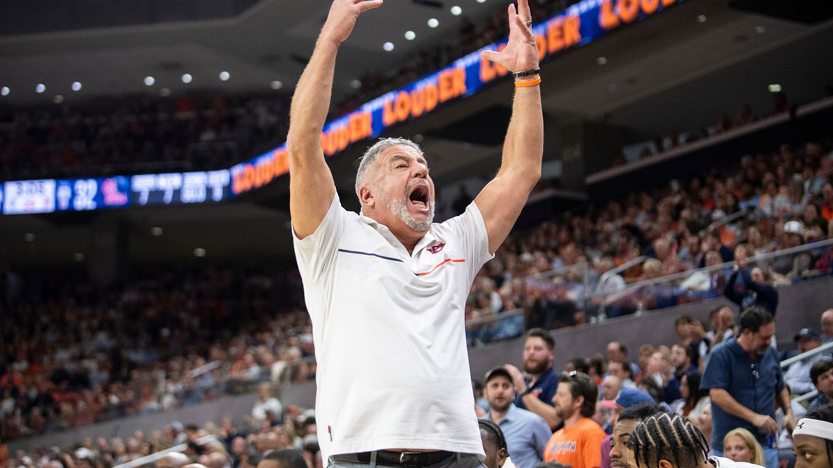 Auburn Tigers head coach Bruce Pearl pumps up the crowd as Auburn Tigers take on Ole Miss Rebels at Neville Arena in Auburn, Ala., on Wednesday, Feb. 26, 2025.