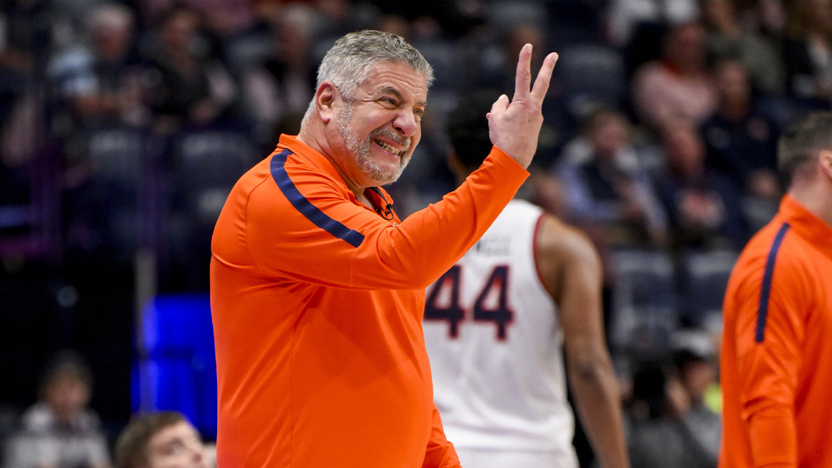 Auburn Tigers head coach Bruce Pearl yells to his team against the Mississippi Rebels during the first half at Bridgestone Arena.