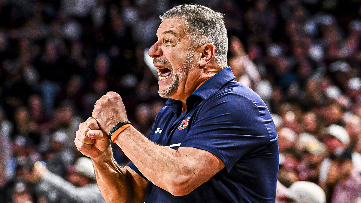 Auburn Tigers head coach Bruce Pearl reacts during the second half against the Texas A&M Aggies at Reed Arena.