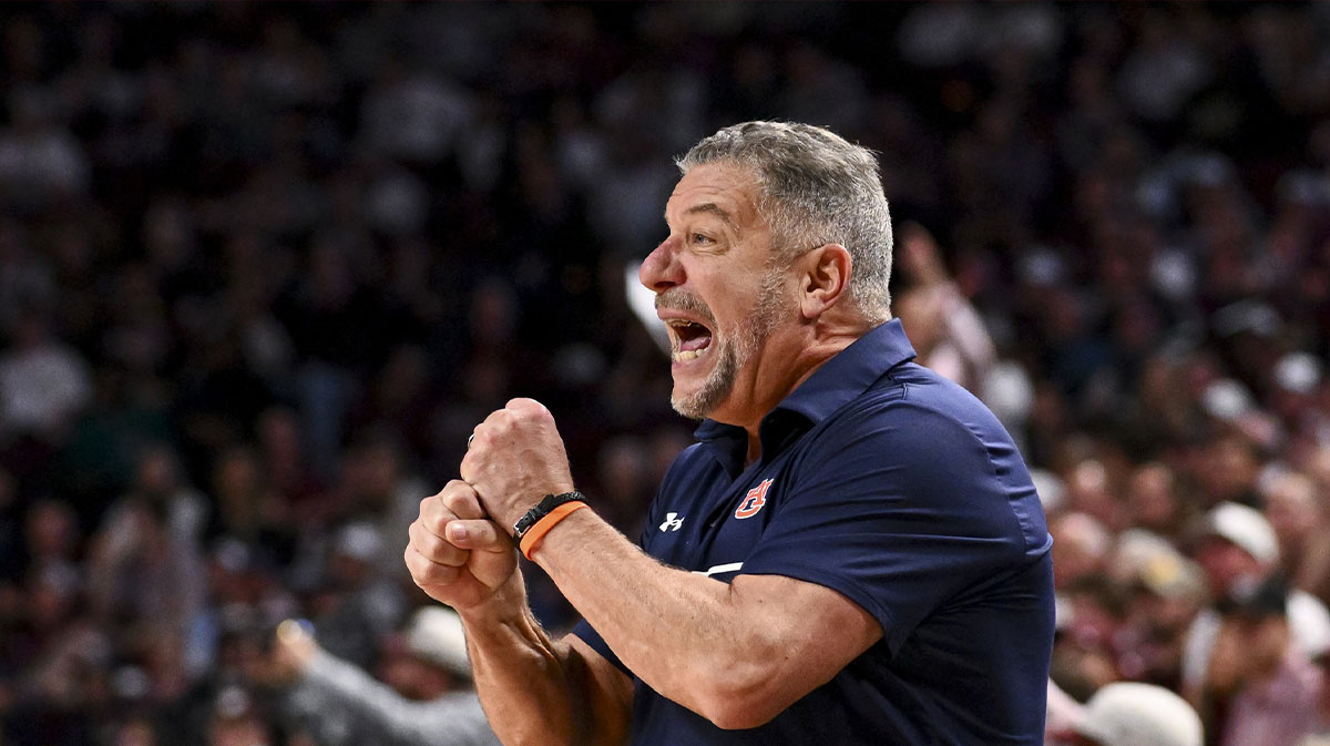 Auburn Tigers head coach Bruce Pearl reacts during the second half against the Texas A&M Aggies at Reed Arena.