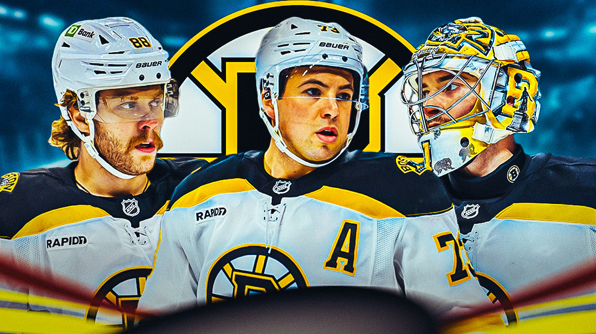 David Pastrnak, Charlie McAvoy, and Jeremy Swayman with a Bruins logo and ice rink behind them.