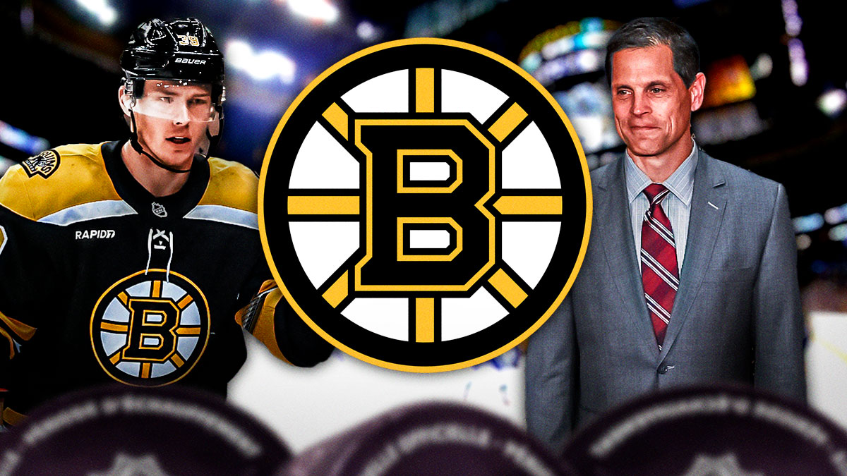Morgan Geekie and Don Sweeney both in image looking hopeful, Boston Bruins logo in middle, hockey rink in background