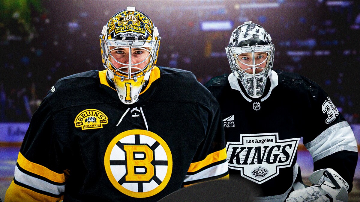 Bruins goalie Jeremy Swayman looking angry along with Kings goaltender Darcy Kuemper inside Crypto.com Arena