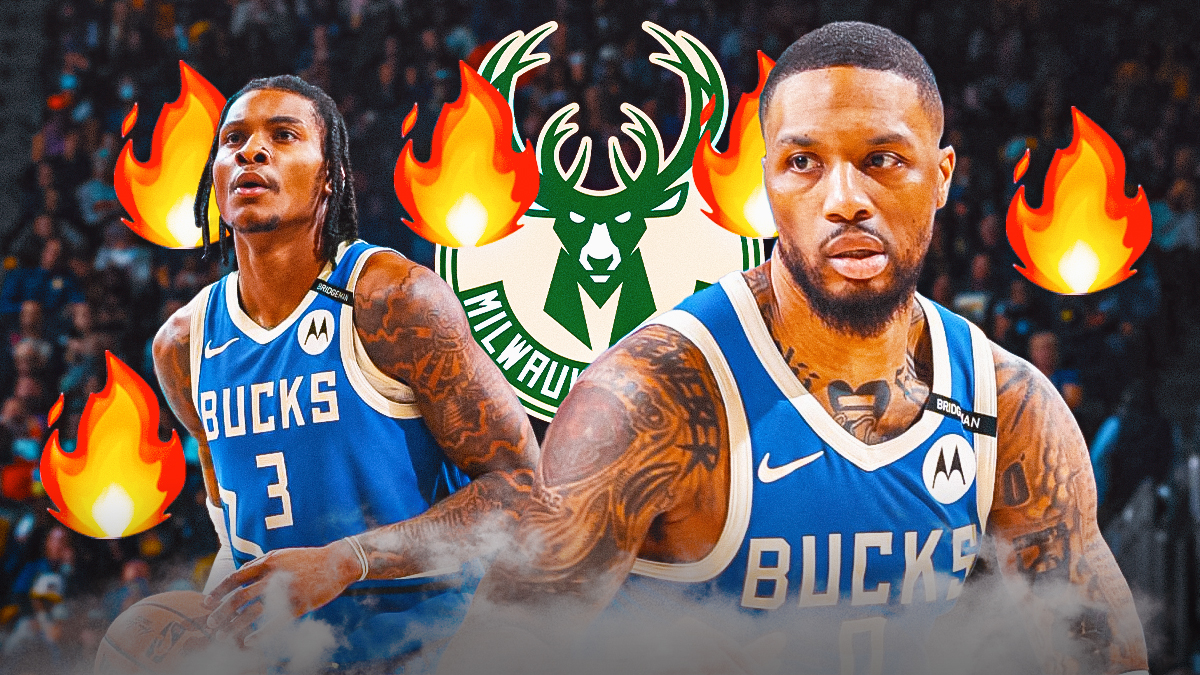 Damian Lillard and Kevin Porter Jr., Milwaukee Bucks logo, fire symbols