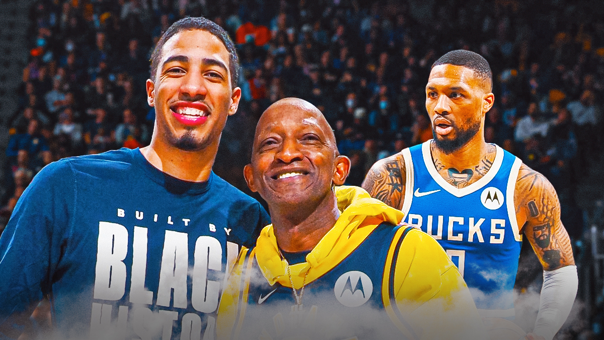 Pacers' Tyrese Haliburton with his father laughing, with Bucks' Damian Lillard