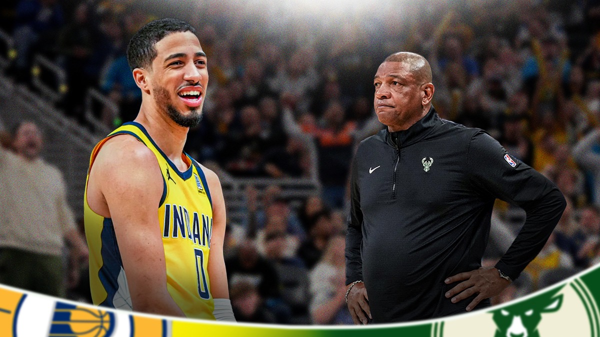 Pacers' Tyrese Haliburton, Bucks' Doc Rivers, Gainbridge Fieldhouse in back