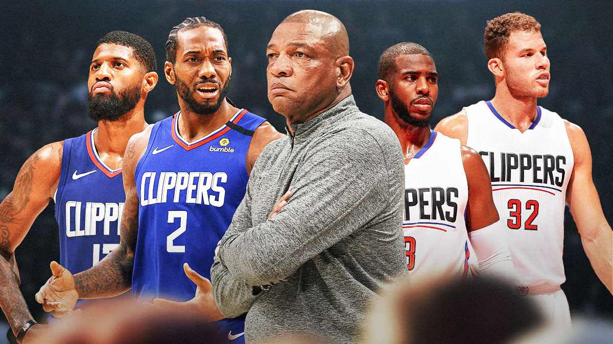 Bucks' Doc Rivers looking sad in the middle, with 2020 Clippers Paul George and Kawhi Leonard and 2015 Clippers Chris Paul and Blake Griffin to his left and right, respectively