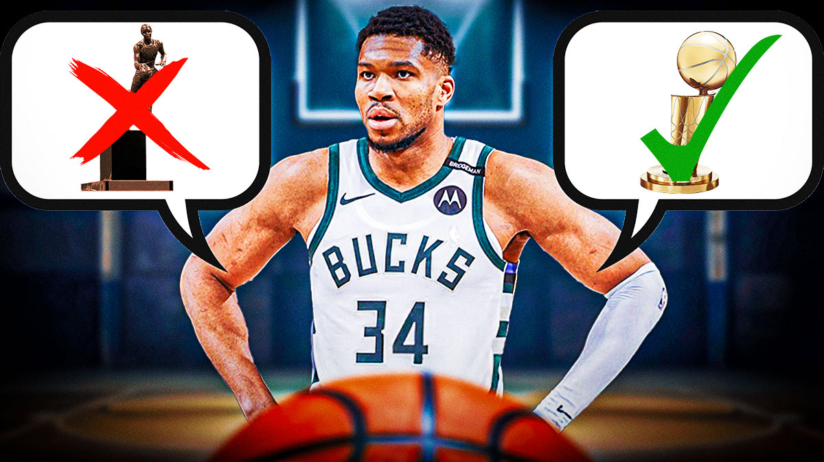 Bucks Giannis Antetokounmpo with red X through MVP and green check next to NBA championship