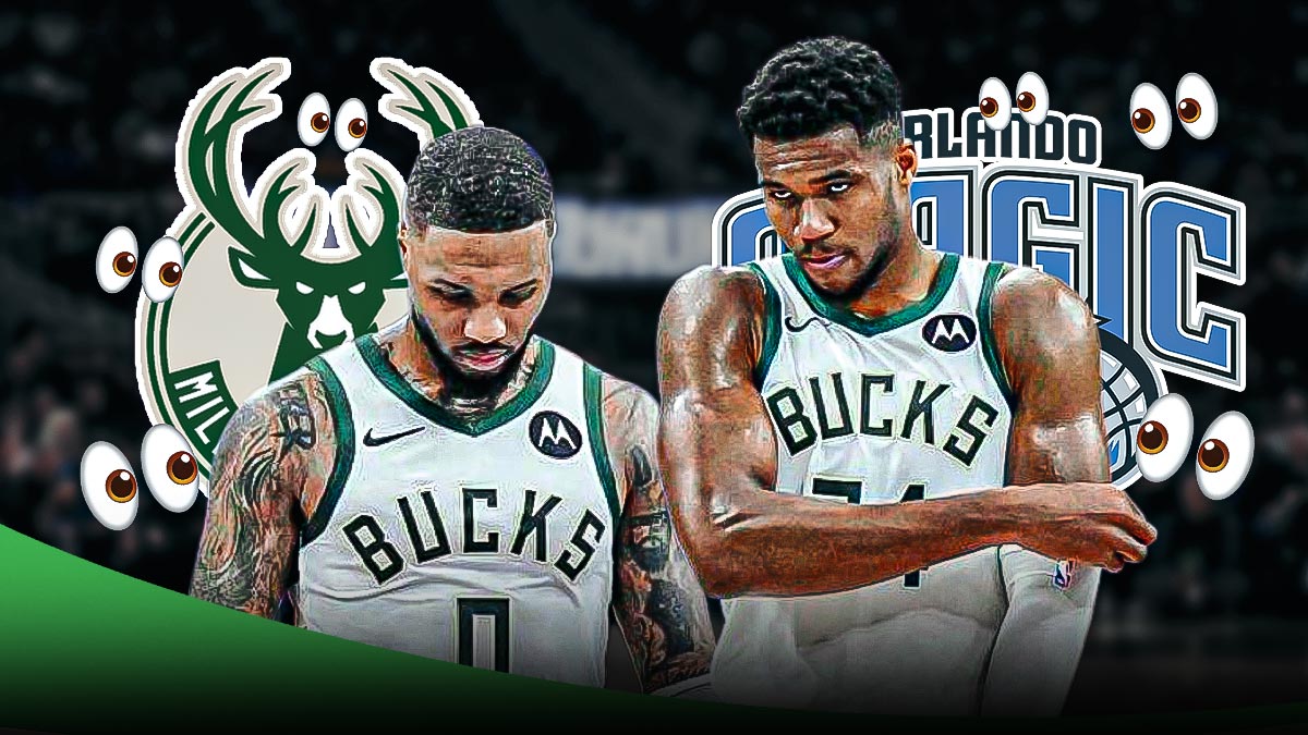 Giannis Antetokounmpo and Damian Lillard, Milwaukee Bucks and Orlando Magic logos, eyes symbols