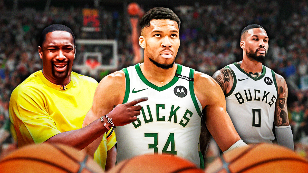 Bucks All-Star Giannis Antetokounmpo next to NBA analyst Gilbert Arenas (in street clothes) with Bucks All-Star Damian Lillard in the background Arenas proposes a trade to the Thunder