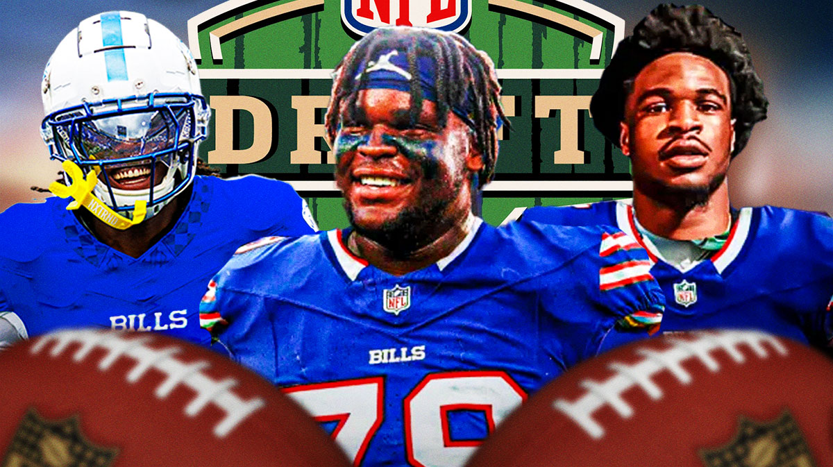 Kenneth Grant, Maxwell Hairston, and Nick Emmanwori all in Bills uniforms with an 2025 NFL draft background