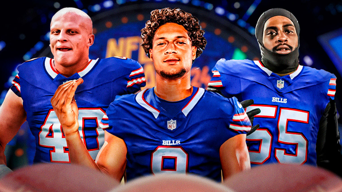 2025 NFL draft prospects Jayden Higgins, Landon Jackson, and Omar Norman-Lott all in Bills jerseys with an NFL draft background.