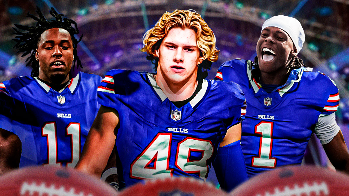 2025 NFL Draft prospects Carson Schwesinger, Maxwell Hairston, and Jalen Royals in Bills uniforms and an NFL draft background.