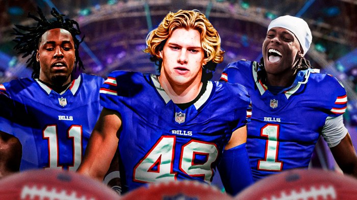 2025 NFL Draft prospects Carson Schwesinger, Maxwell Hairston, and Jalen Royals in Bills uniforms and an NFL draft background.