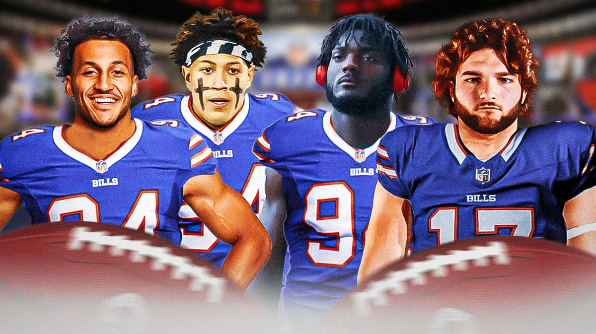 Elic Ayomanor, Cam Skattebo, Josaiah Stewart, and Billy Bowman Jr. all in Bills uniforms with an NFL Draft background.
