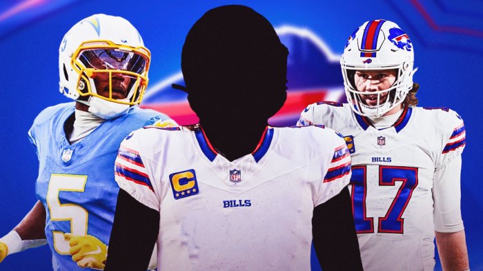 Mystery player in Buffalo Bills uniform in the middle, Josh Palmer and Josh Allen beside him, Buffalo Bills wallpaper in the background