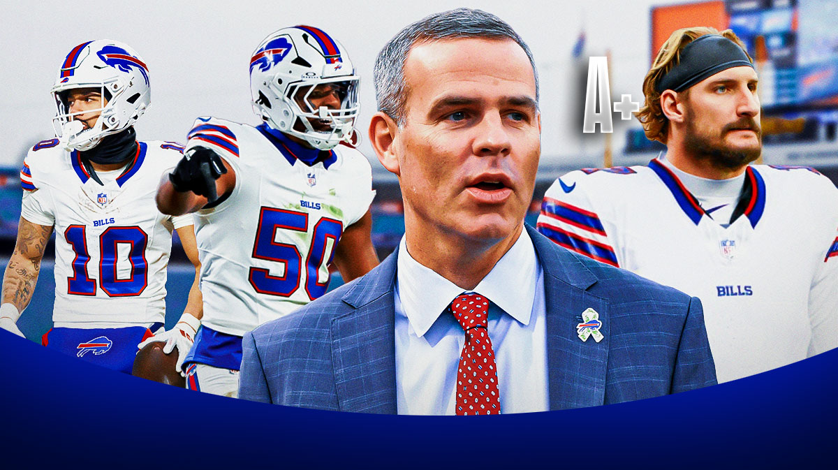 Bills GM Brandon Beane surrounded by Khalil Shakir and Gregory Rousseau on one side and Joey Bosa in a Bills jersey on the other with an "A+" somewhere