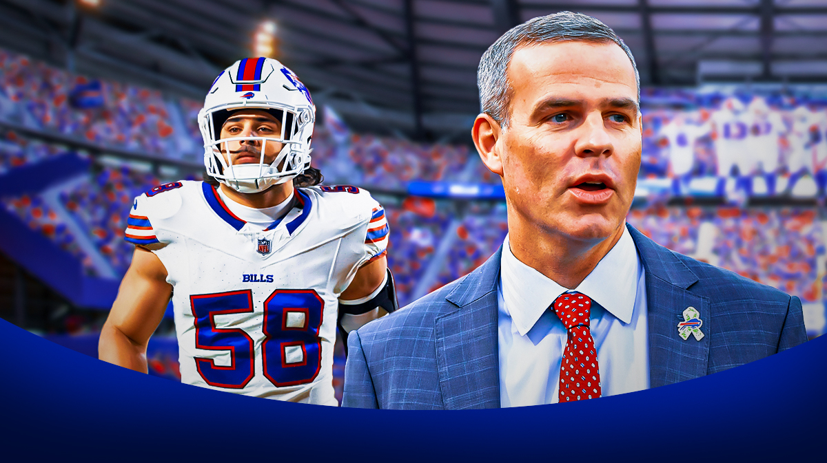 Bills Brandon Beane with Bills Matt Milano looking down in free agency