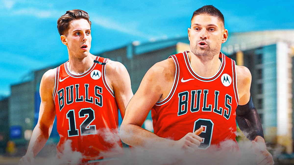 Nikola Vucevic, Bulls, Zach Collins, Billy Donovan, Nikola Vucevic Bulls, Need Nikola Vucevic and Zach Collins both in Bulls unis, outside of United Center in the background