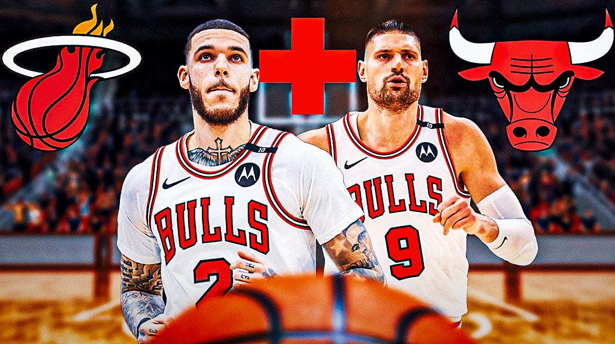 Bulls guard Lonzo Ball next to Bulls center Nikola Vucevic and a health symbol with the Bulls and Heat logos in the background