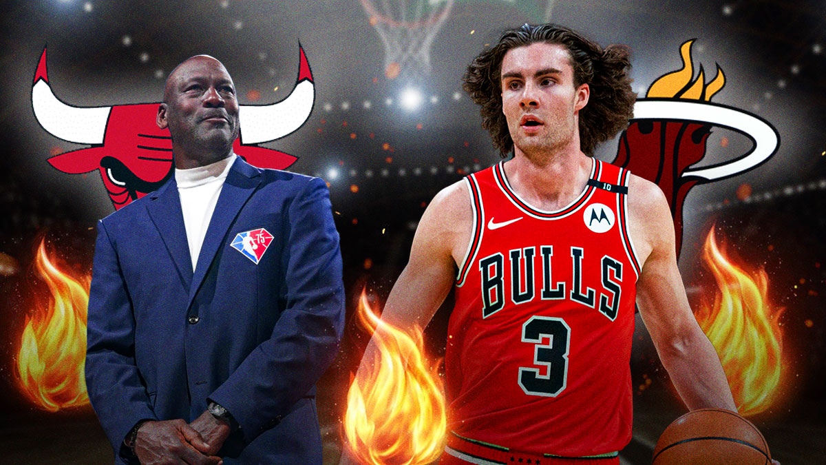 Josh Giddey, Michael Jordan, Chicago Bulls and Miami Heat logos, fire symbols