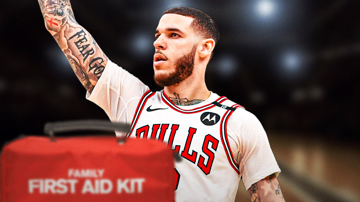 Bulls, Lonzo Ball, Lonzo Ball injury, Lonzo Ball wrist, Lonzo Ball Bulls, Lonzo Ball with injury first aid symbol on graphic, basketball background