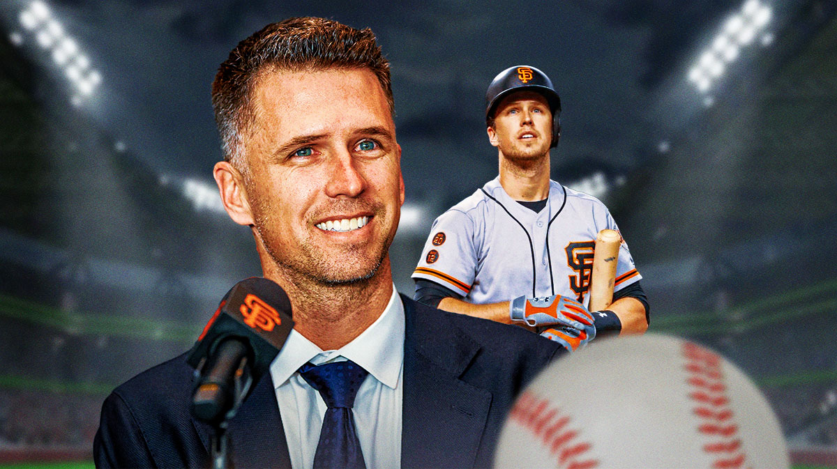 Buster Posey in the present as he's now president of baseball operations for the San Francisco Giants next to himself as a player in front of Oracle Park.